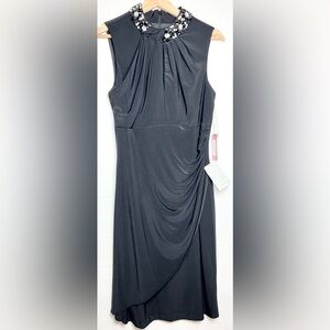 New! Vince Camuto Black Draped Sleeveless Dress with Embellished Jewel Collar